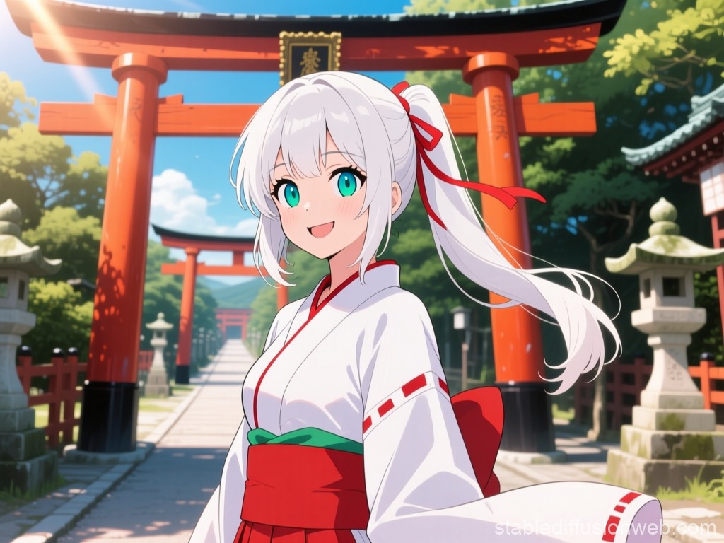 Anime Shrine Maiden with White Hair at Japanese Torii Gates