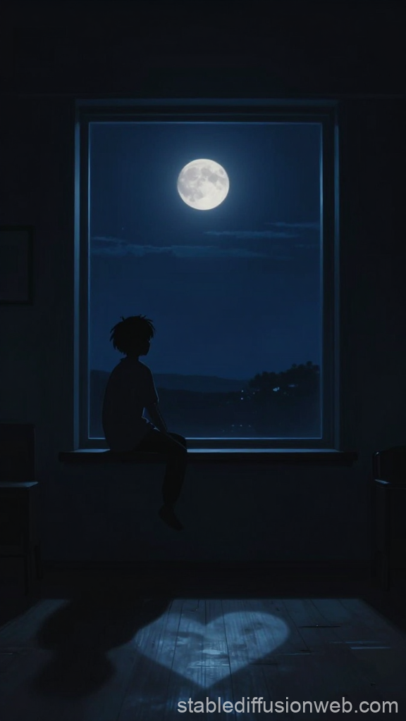 Anime Silhouette Sitting by Moonlit Window
