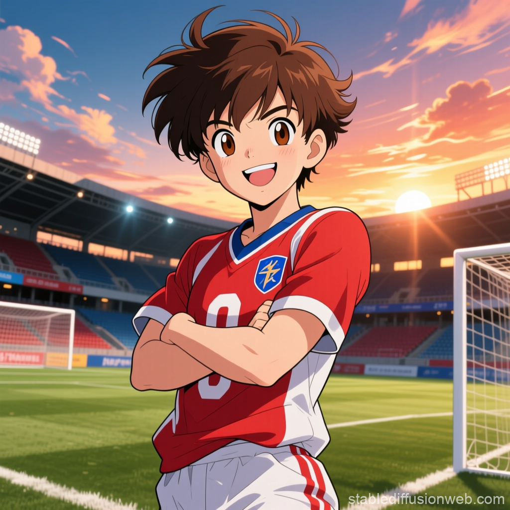 Anime Soccer Hero Standing Confidently on the Field at Sunset