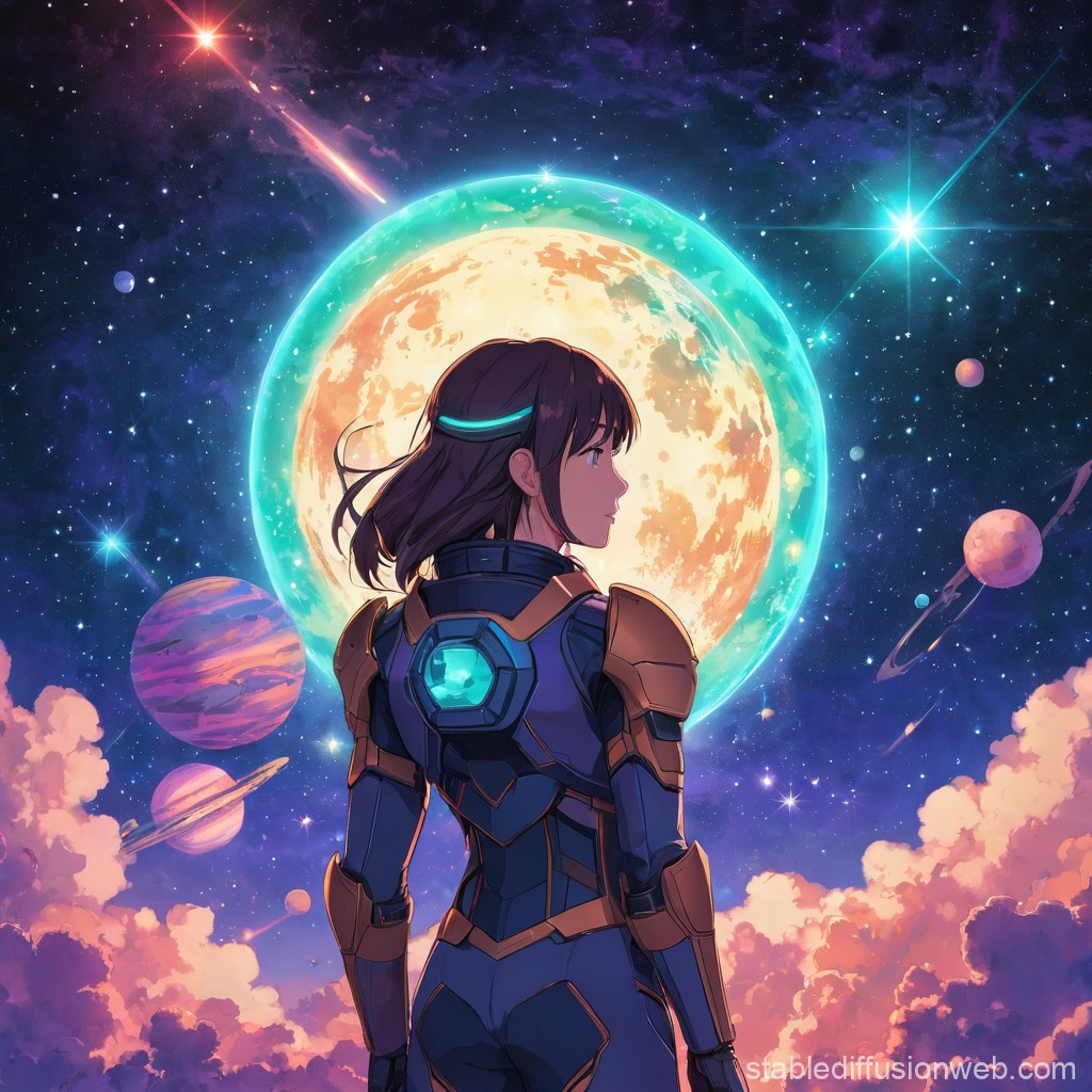 Anime Space Explorer with Glowing Moon Background