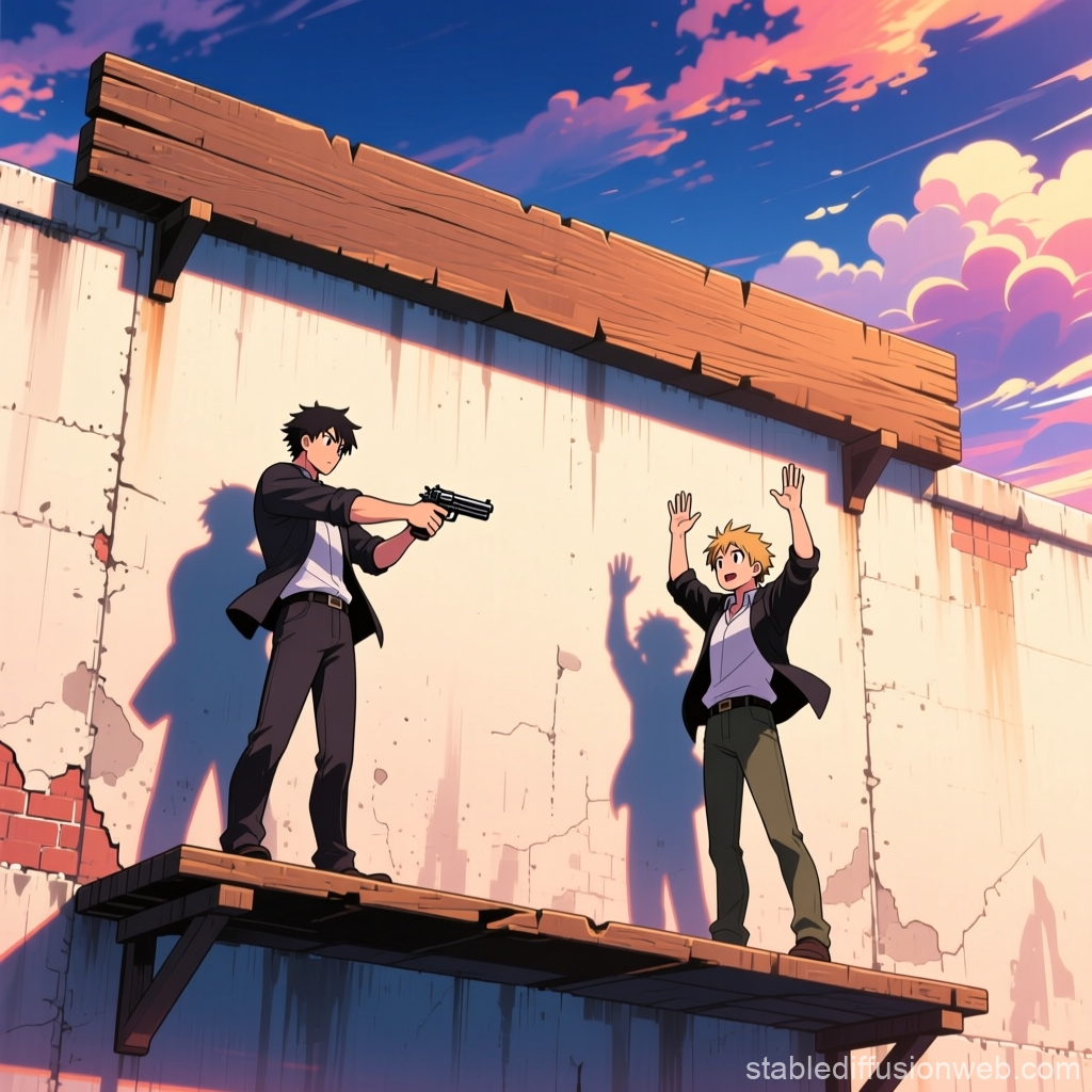 Anime Standoff on a Rooftop at Sunset