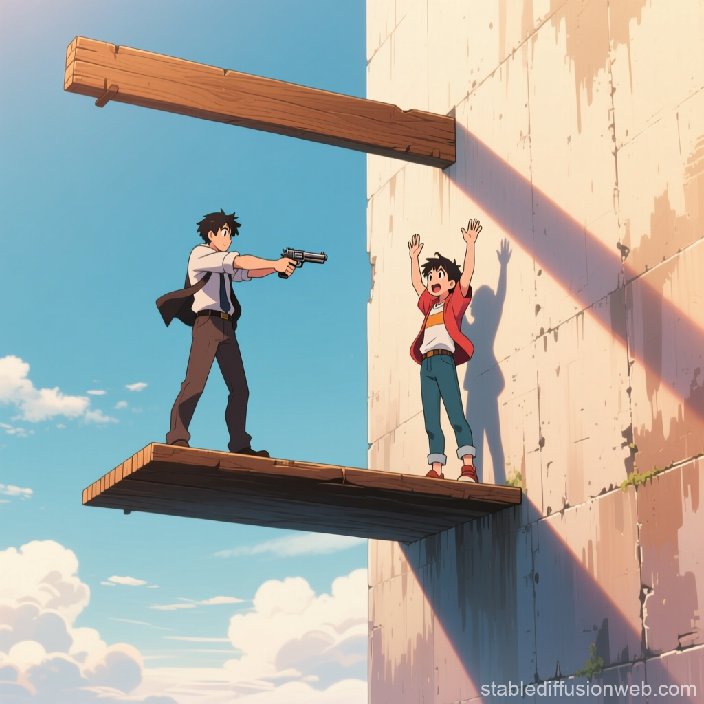 Anime Standoff on Floating Wooden Platforms