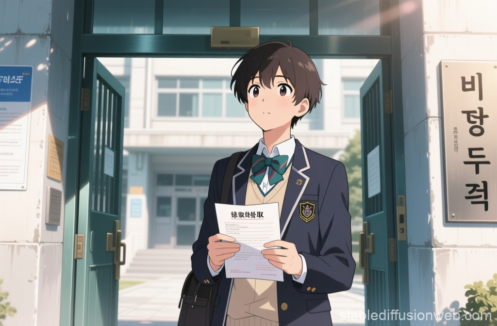 Anime Student Holding Letter at School Entrance
