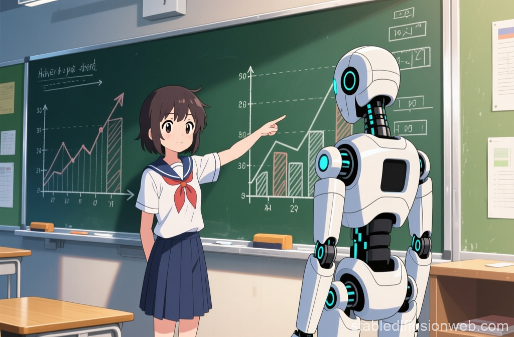 Anime Student Teaching Robot About Trading in Classroom