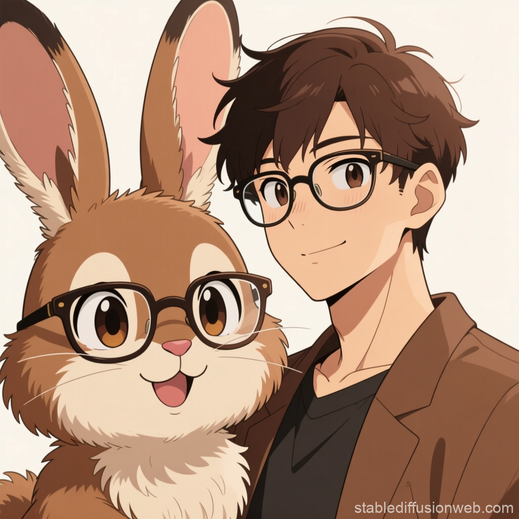 Anime Style Boy and Brown Rabbit Both Wearing Glasses