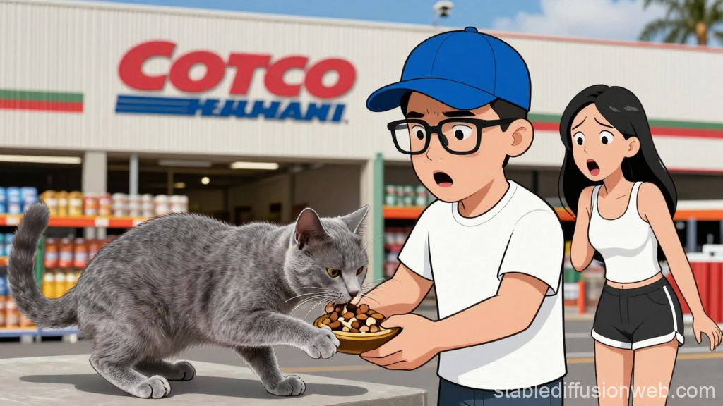 Anime Style Boy Feeding Russian Blue Cat Outside Store