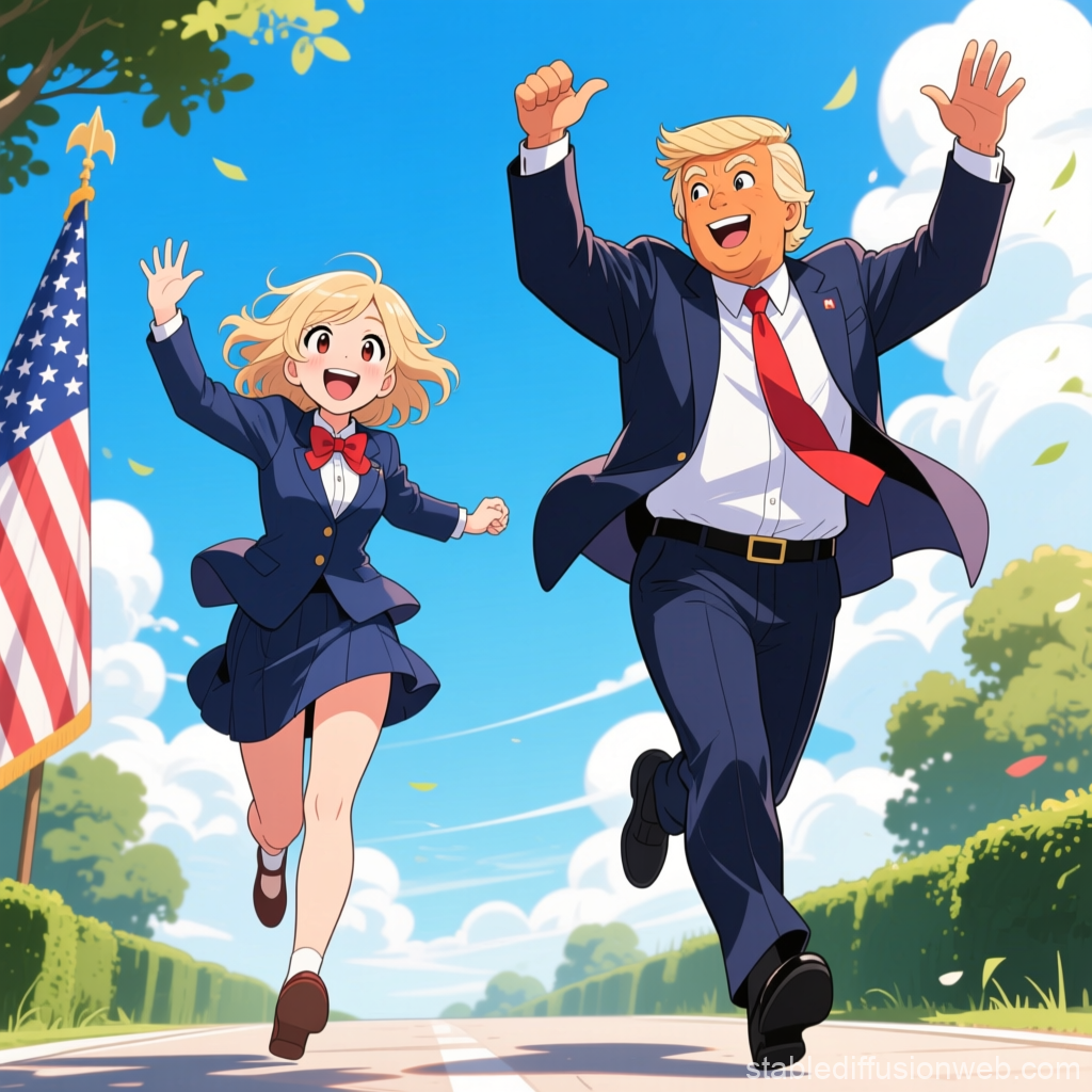 Anime Style Cheerful Characters Running Outdoors