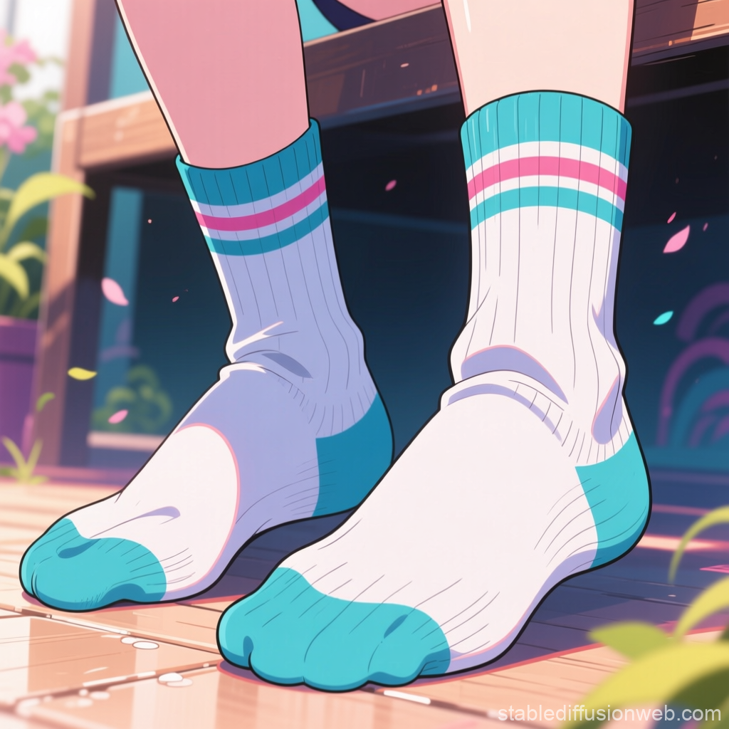 Anime Style Close-Up of Feet in Colorful Socks