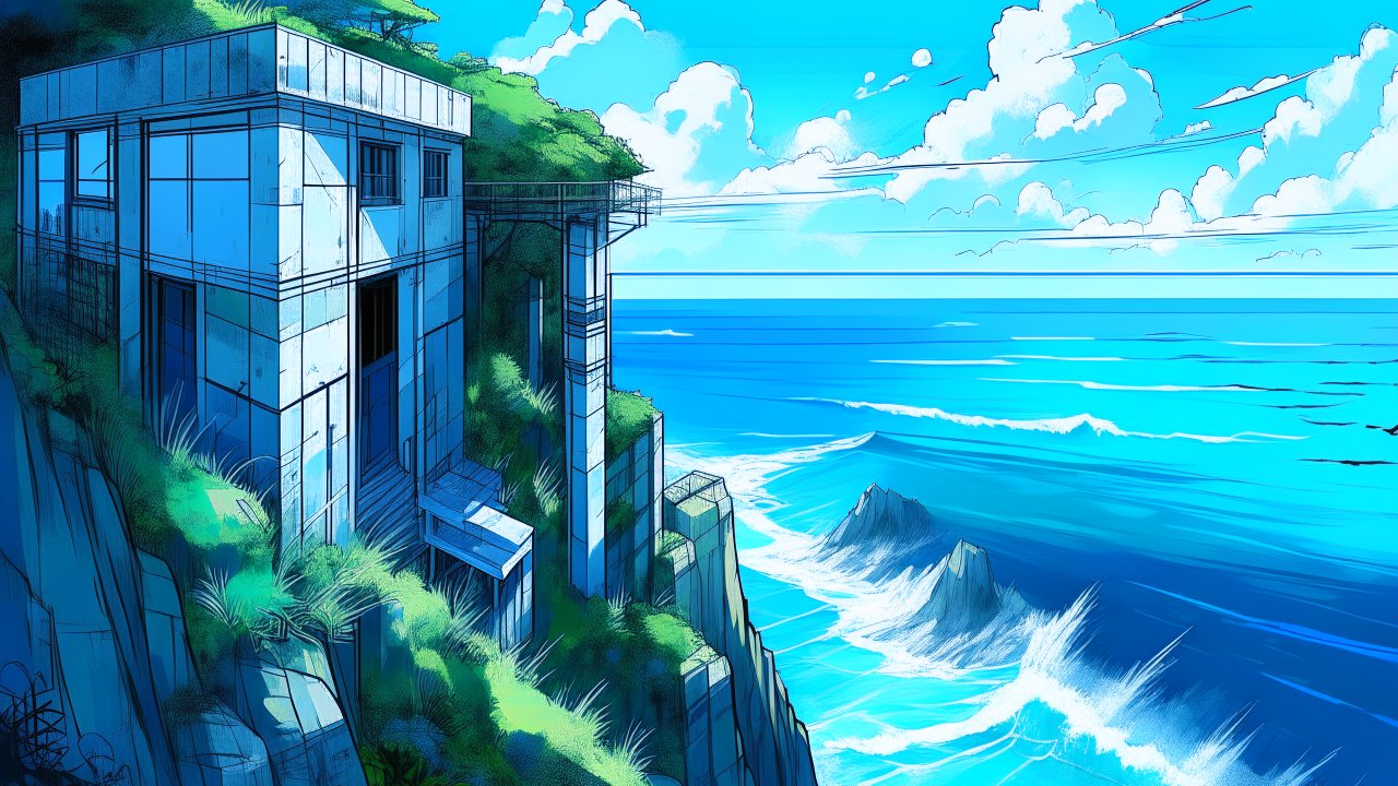 Anime Style Concrete Building on Cliff Overlooking Ocean