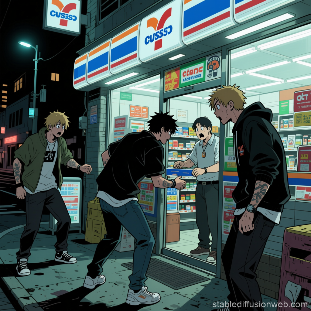 Anime Style Convenience Store Robbery Scene at Night