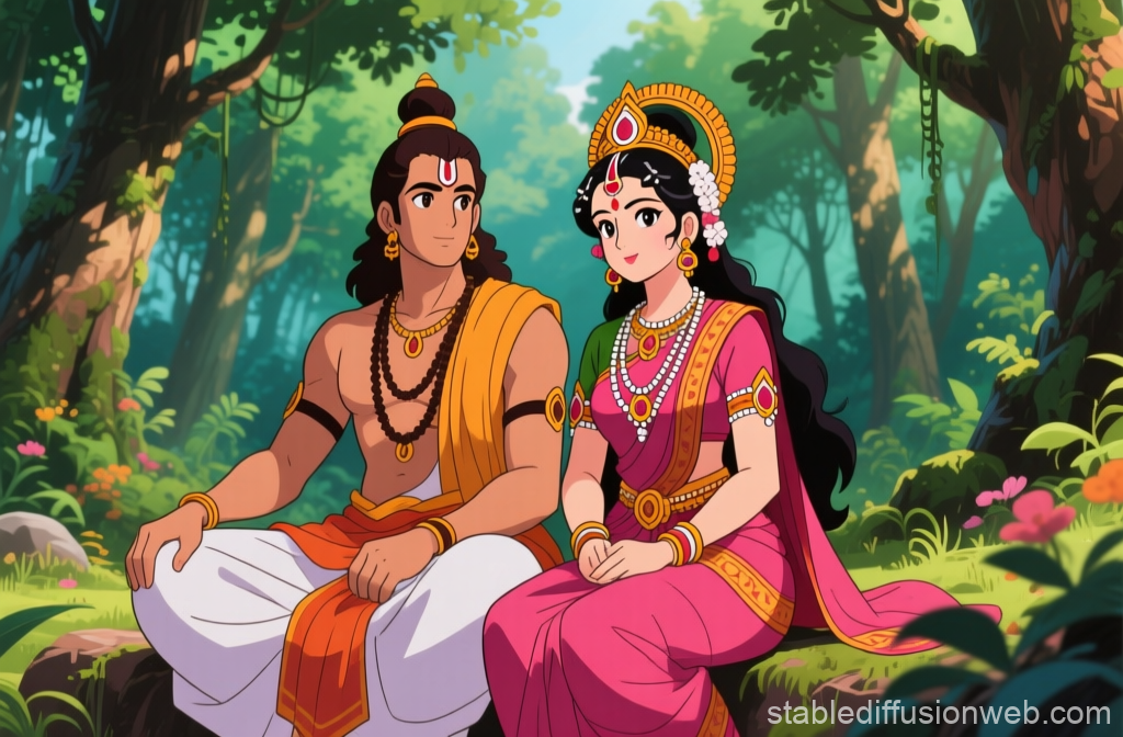 Anime-style depiction of a traditional Indian couple in a forest