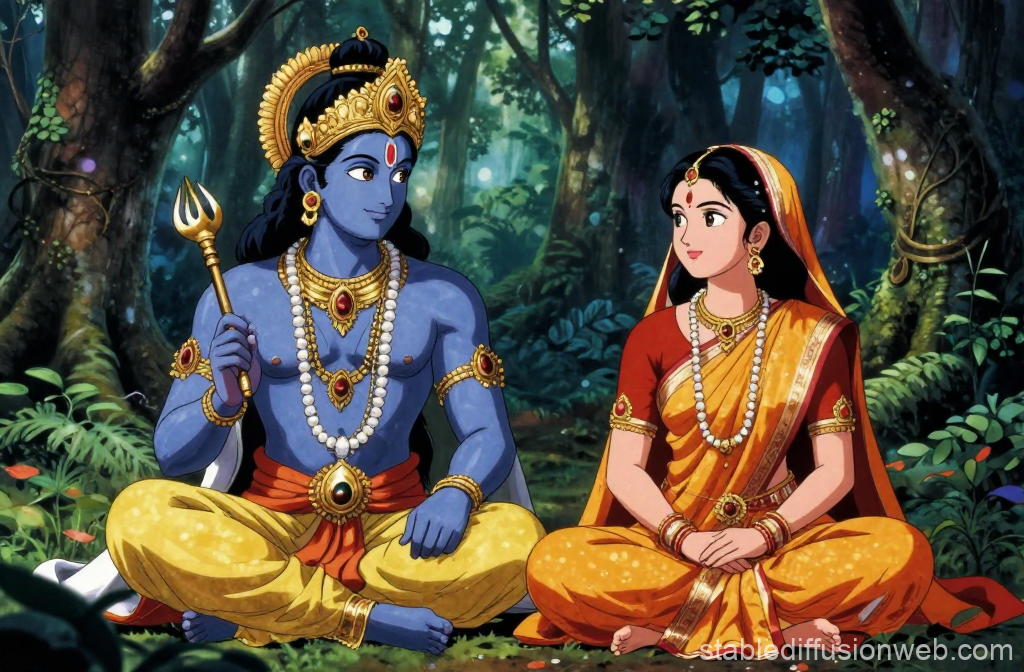 Anime Style Depiction of Shree Ram and Sita in Forest