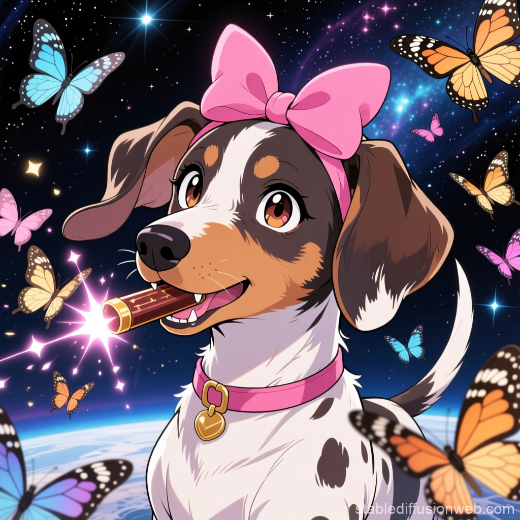 Anime Style Dog with Pink Bow and Butterflies in Space