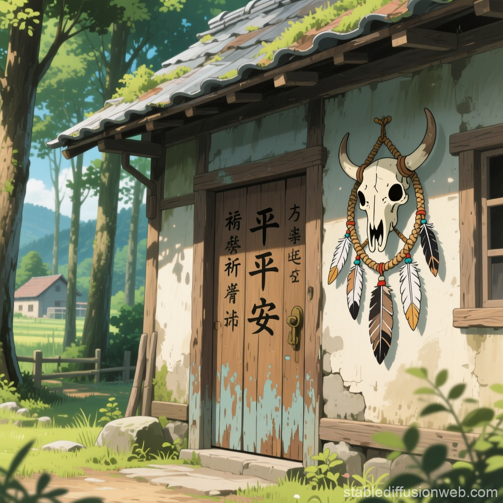 Anime Style Farmhouse with Tribal Skull Decoration