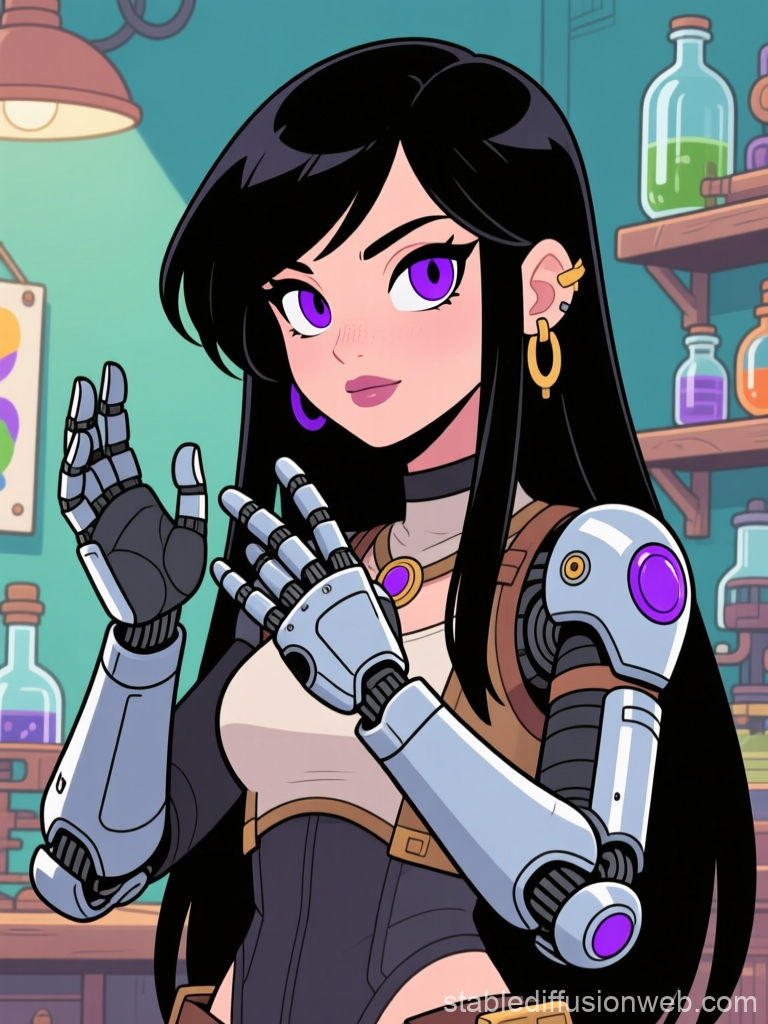 Anime Style Female Inventor with Cybernetic Arms in Lab