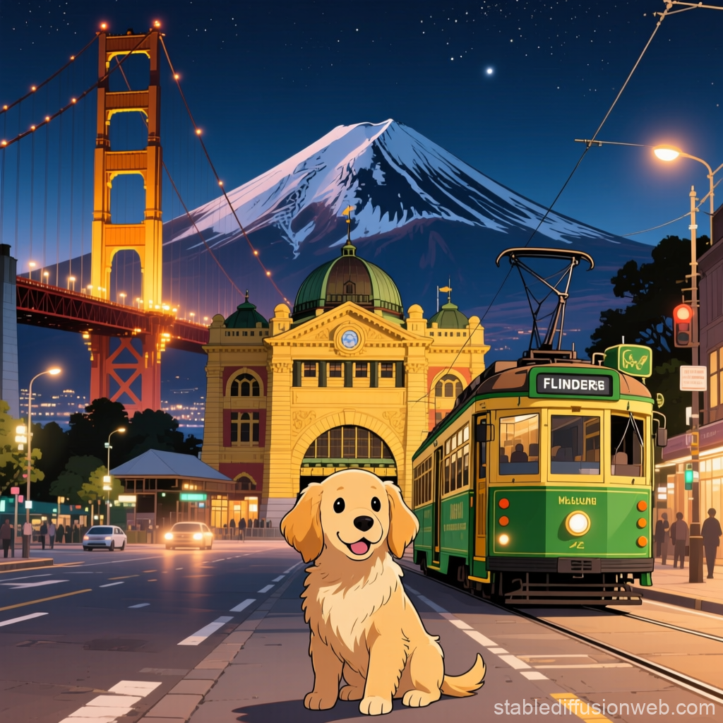 Anime Style Golden Retriever Puppy in a Vibrant Cityscape