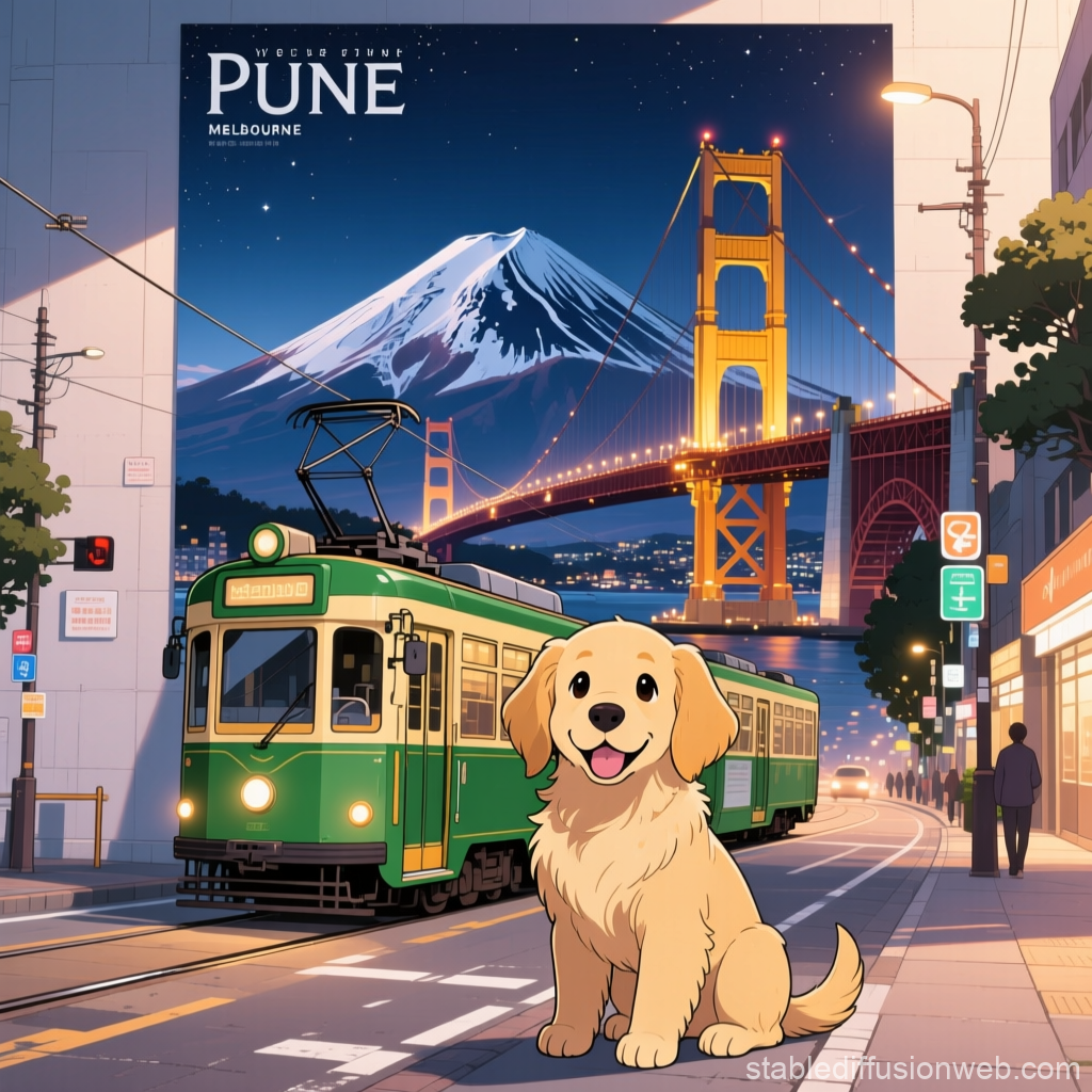 Anime Style Golden Retriever Puppy in Urban Night Scene