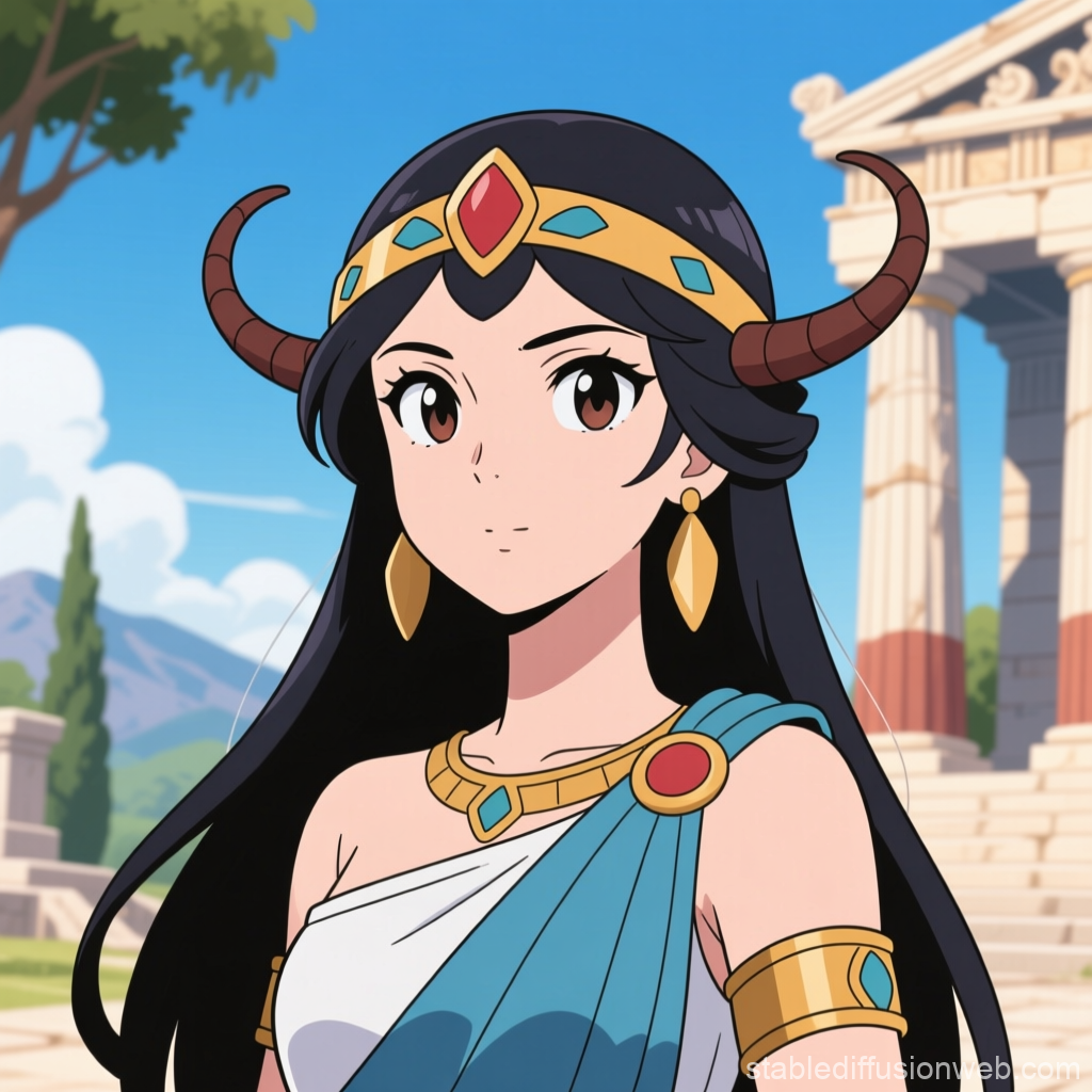 Anime Style Greek Antigone with Horned Headpiece