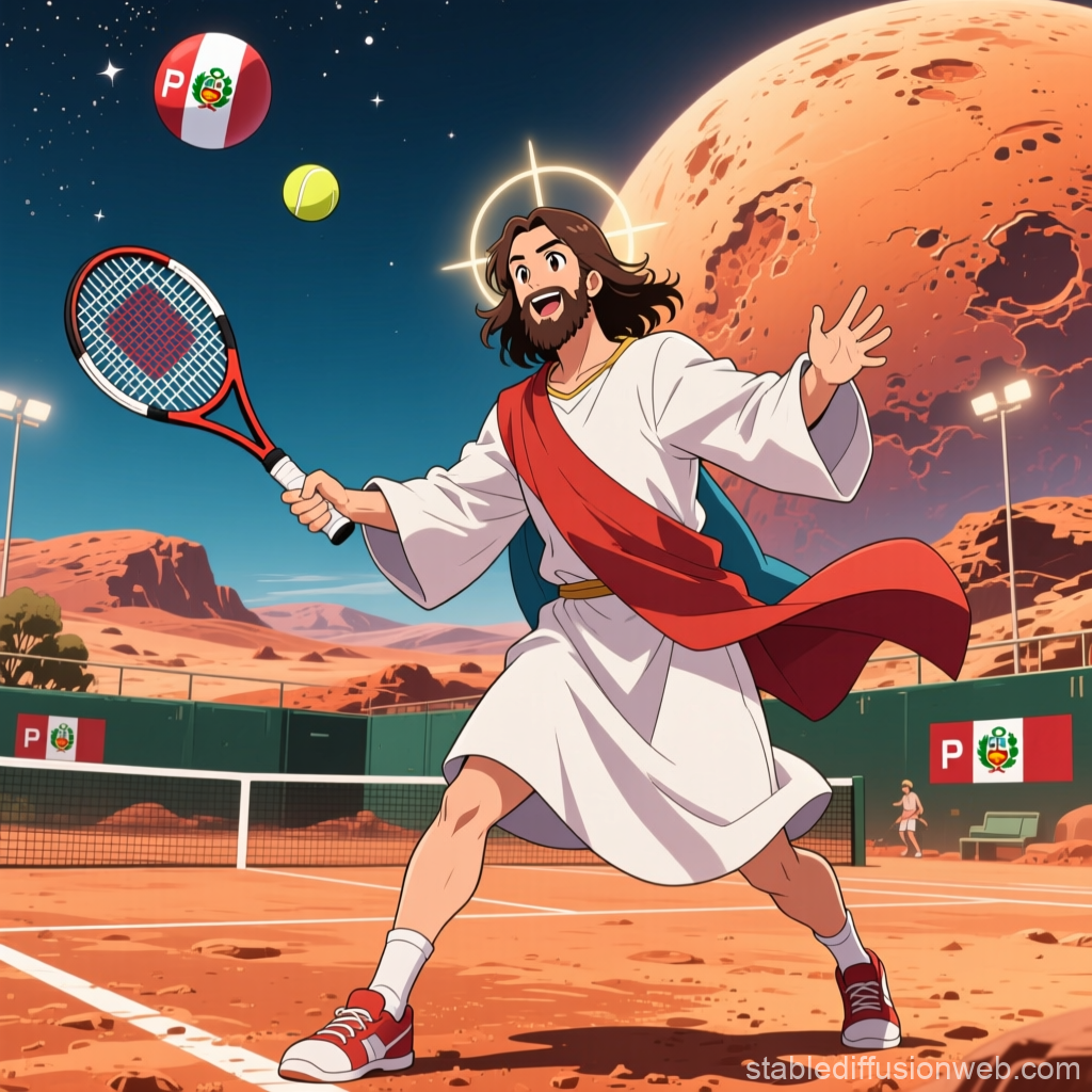 Anime Style Jesus Playing Tennis on a Martian Court with Peruvian Flags