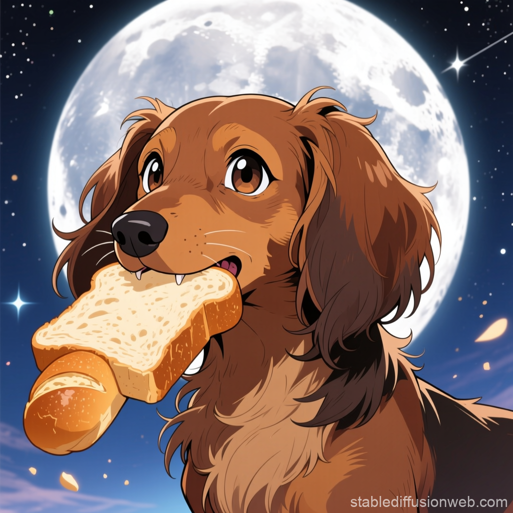 Anime Style Long-Haired Dog Holding Bread Under Full Moon