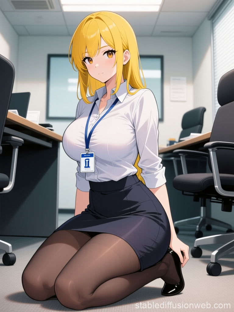 Anime Style Office Worker Woman Kneeling in Meeting Room