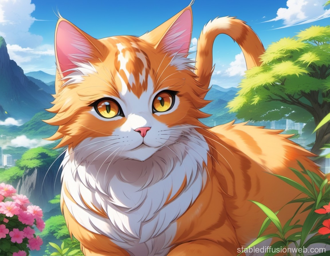 Anime Style Orange Tabby Cat in Lush Mountain Landscape