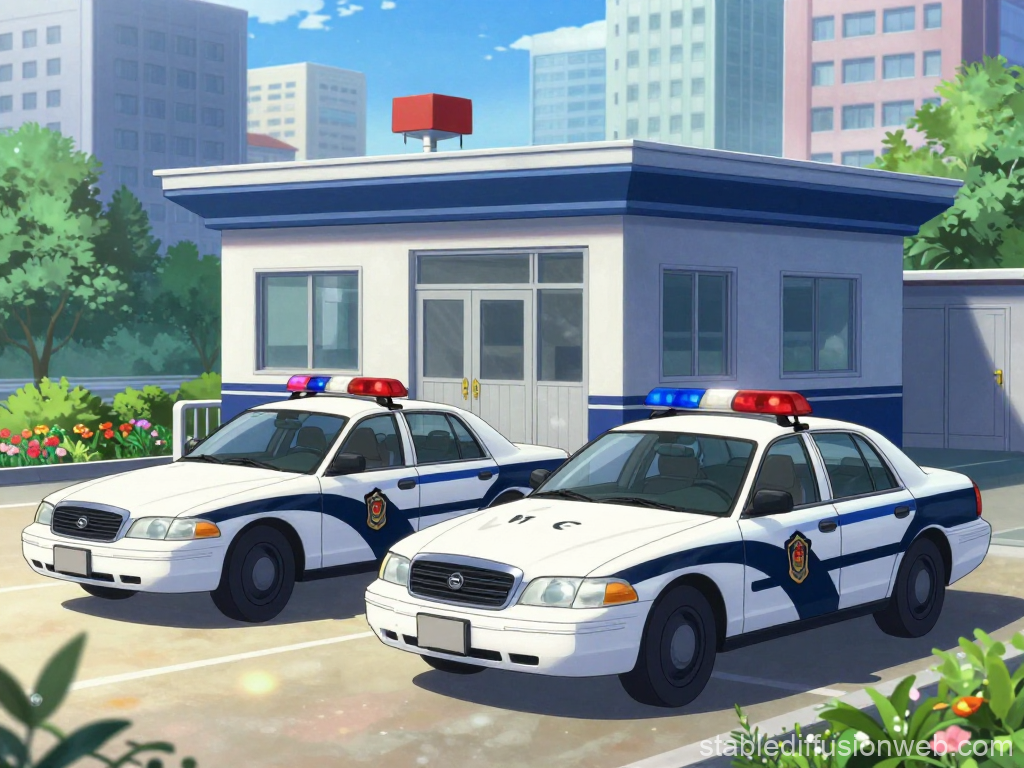 Anime Style Police Cars Parked Outside Station
