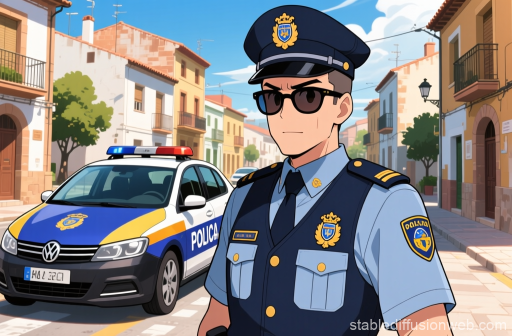 Anime Style Police Officer in Town Street