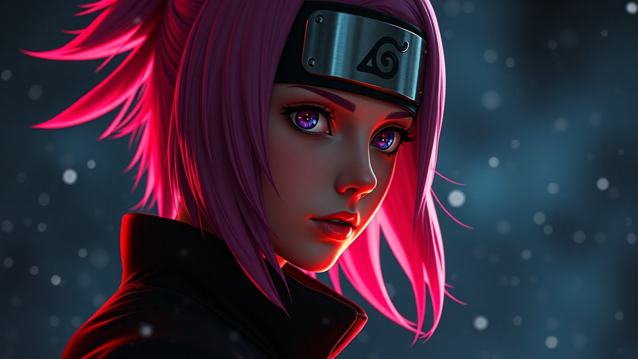 Anime Style Portrait of a Pink-Haired Ninja with Glowing Eyes