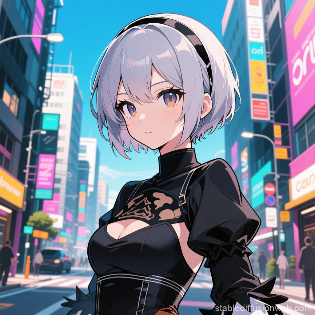 Anime Style Portrait of a Silver-Haired Girl in Urban Setting