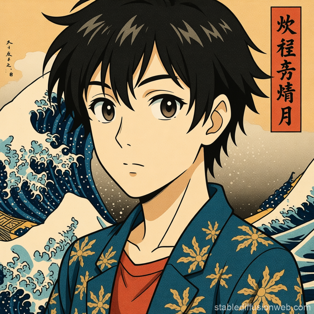 Anime Style Portrait with Traditional Japanese Wave Background