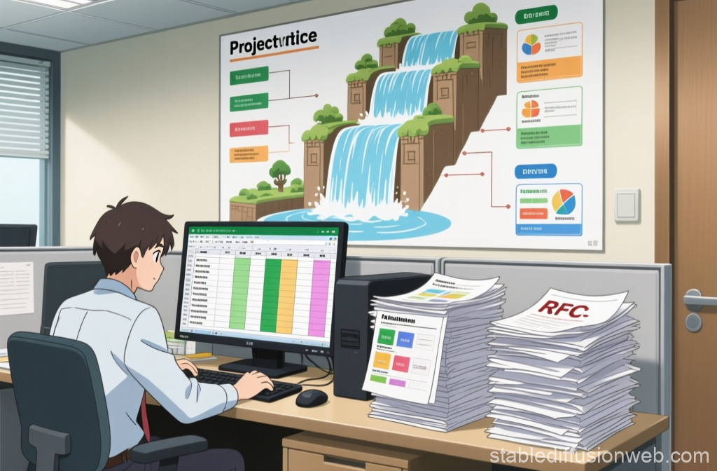 Anime Style Project Manager Working in Office