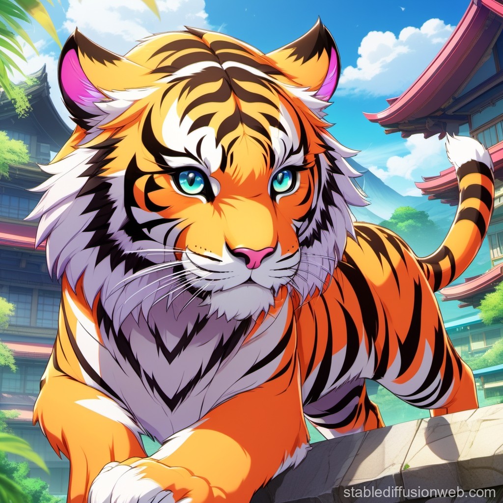 Anime Style Tiger with Blue Eyes in Traditional Asian Setting
