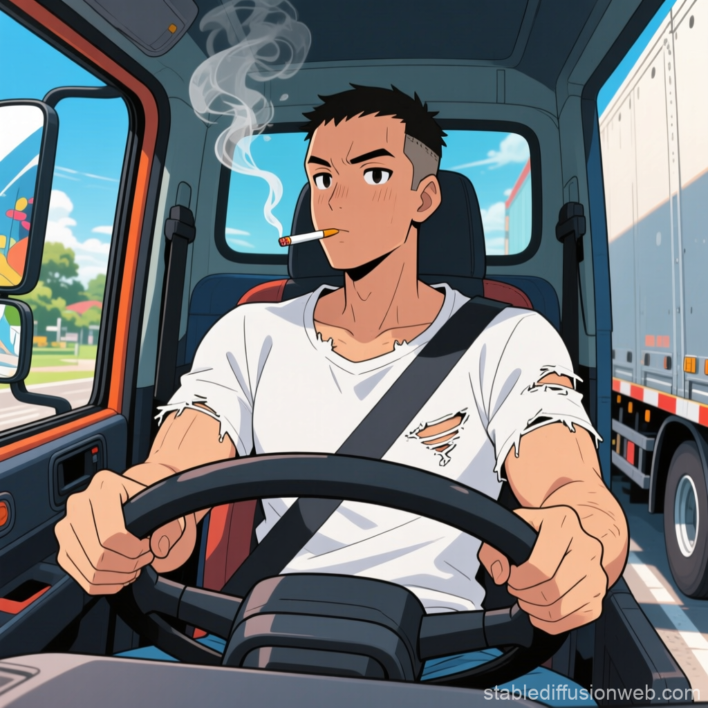 Anime Style Trucker Smoking While Driving