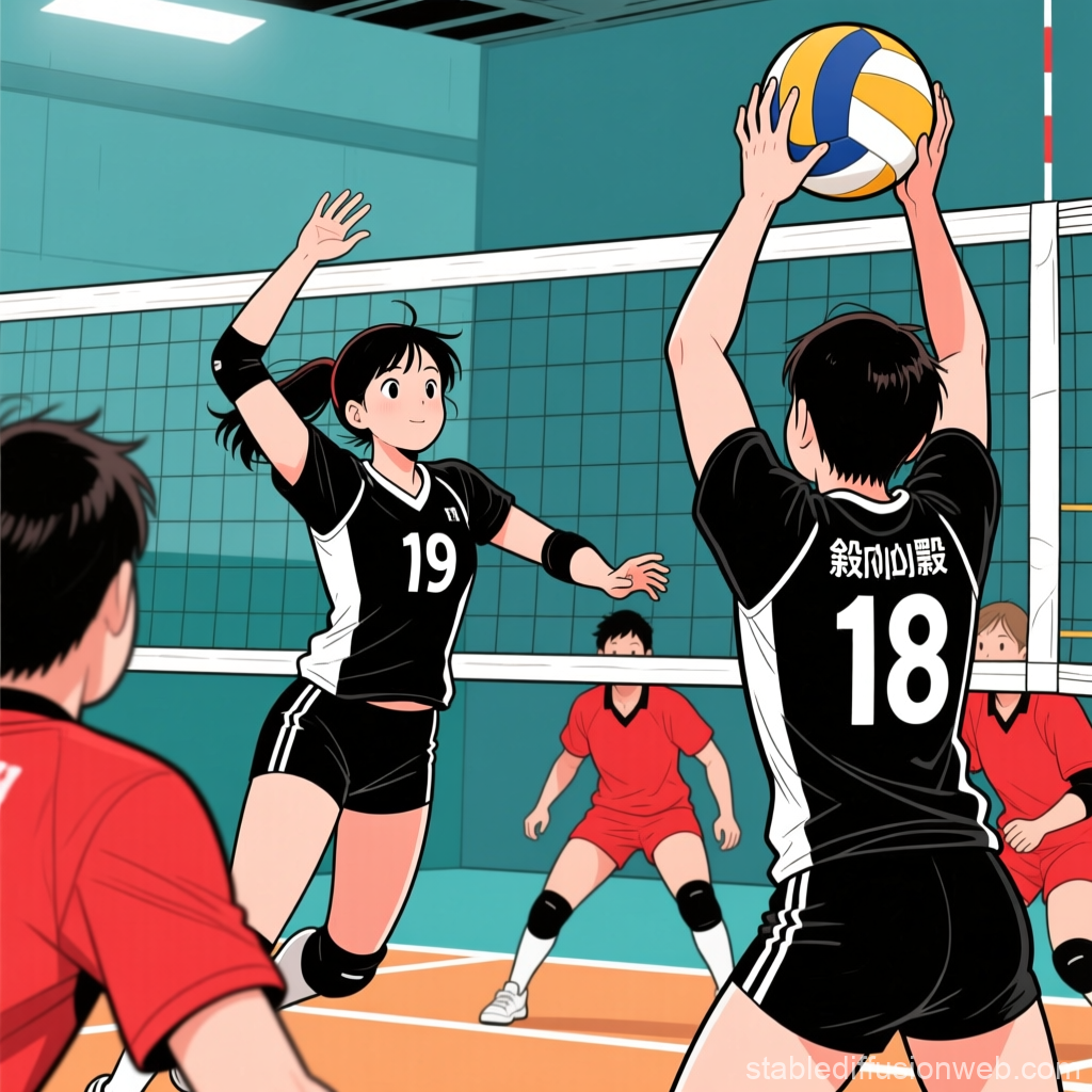 Anime Style Volleyball Match Action Scene