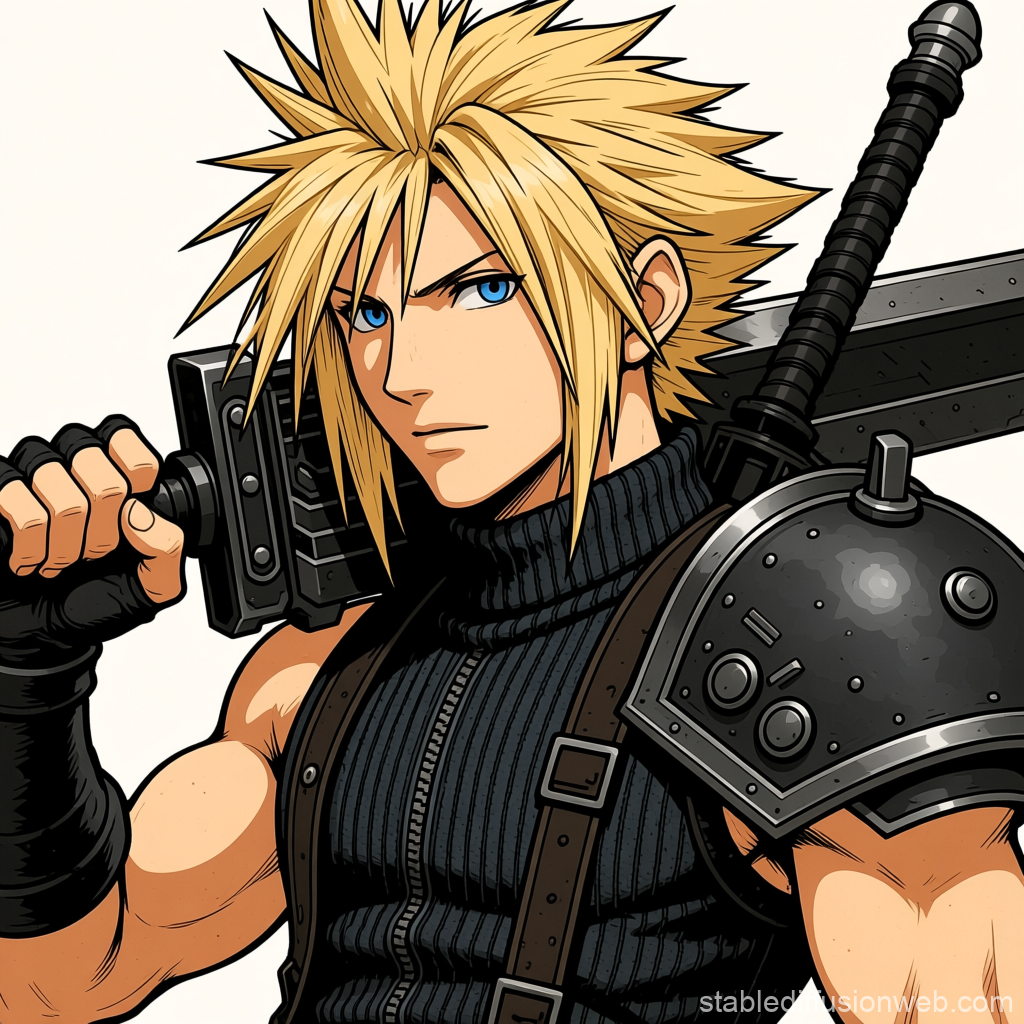 Anime Style Warrior with Spiky Blonde Hair and Large Sword