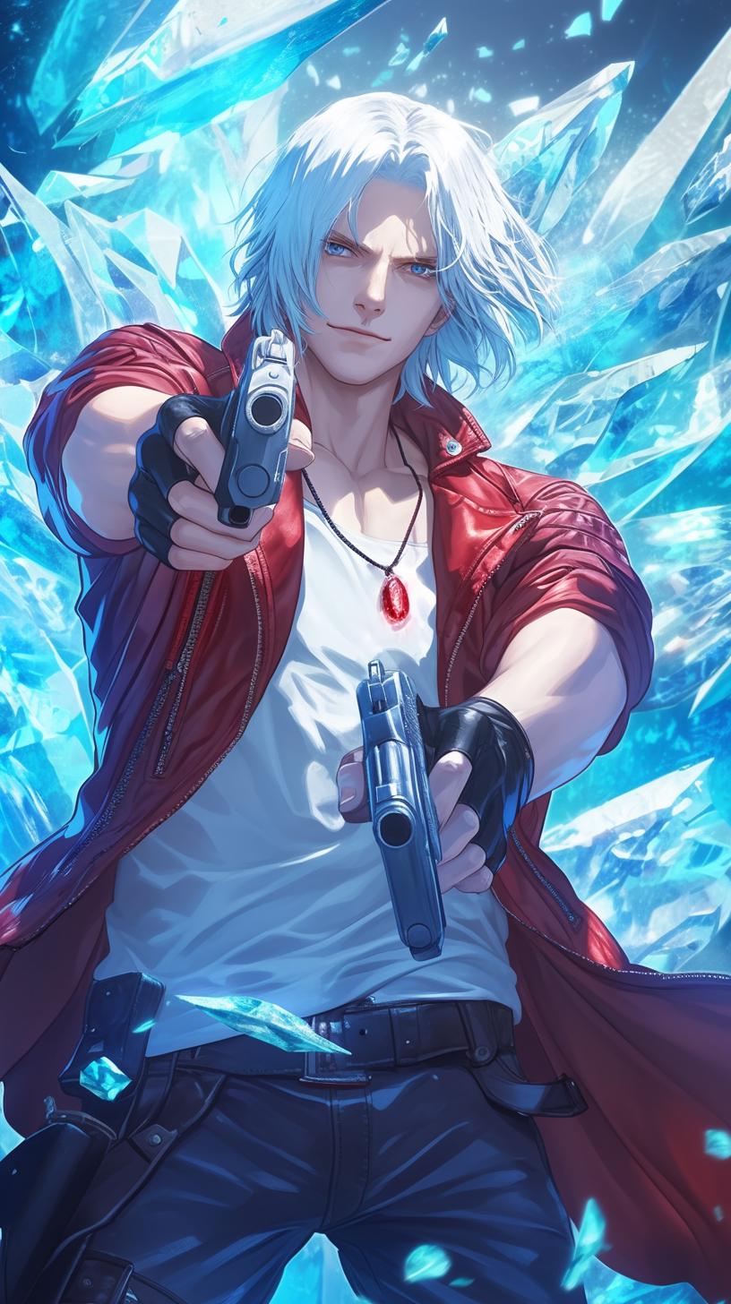 Anime Style White-Haired Gunslinger with Ice Crystals