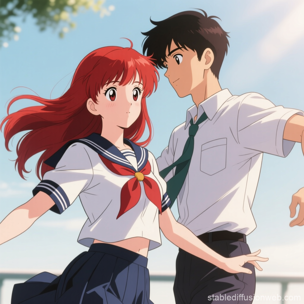 Anime Style Young Couple in School Uniforms Outdoors