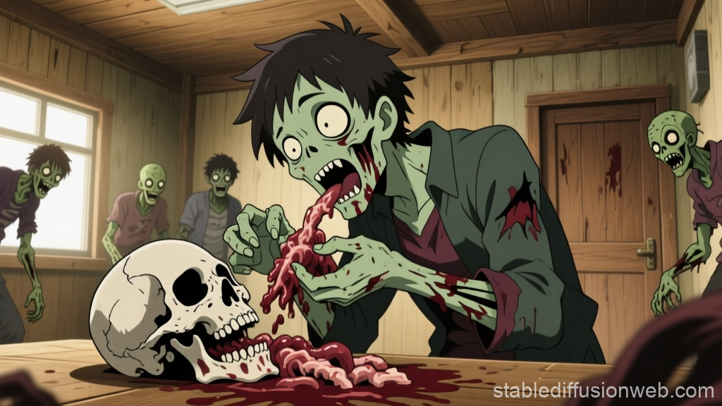 Anime Style Zombies Eating Brains in Wooden Room