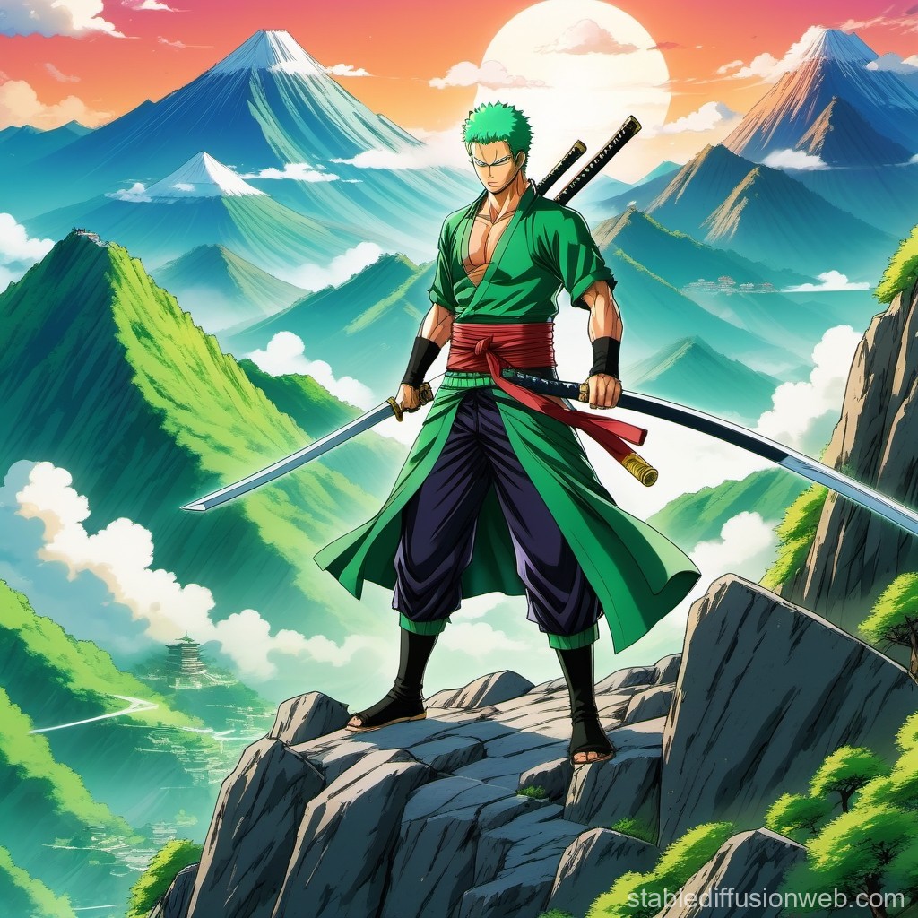 Anime Swordsman Standing on Rocky Cliff with Mountain Sunrise