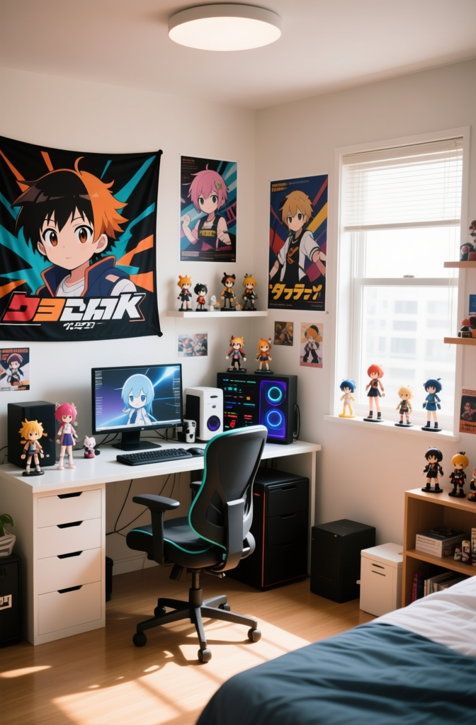 Anime-themed gaming and workspace setup in bright room