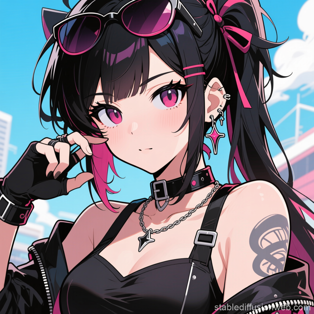 Anime Tomboy Girl with Pink Highlights and Accessories