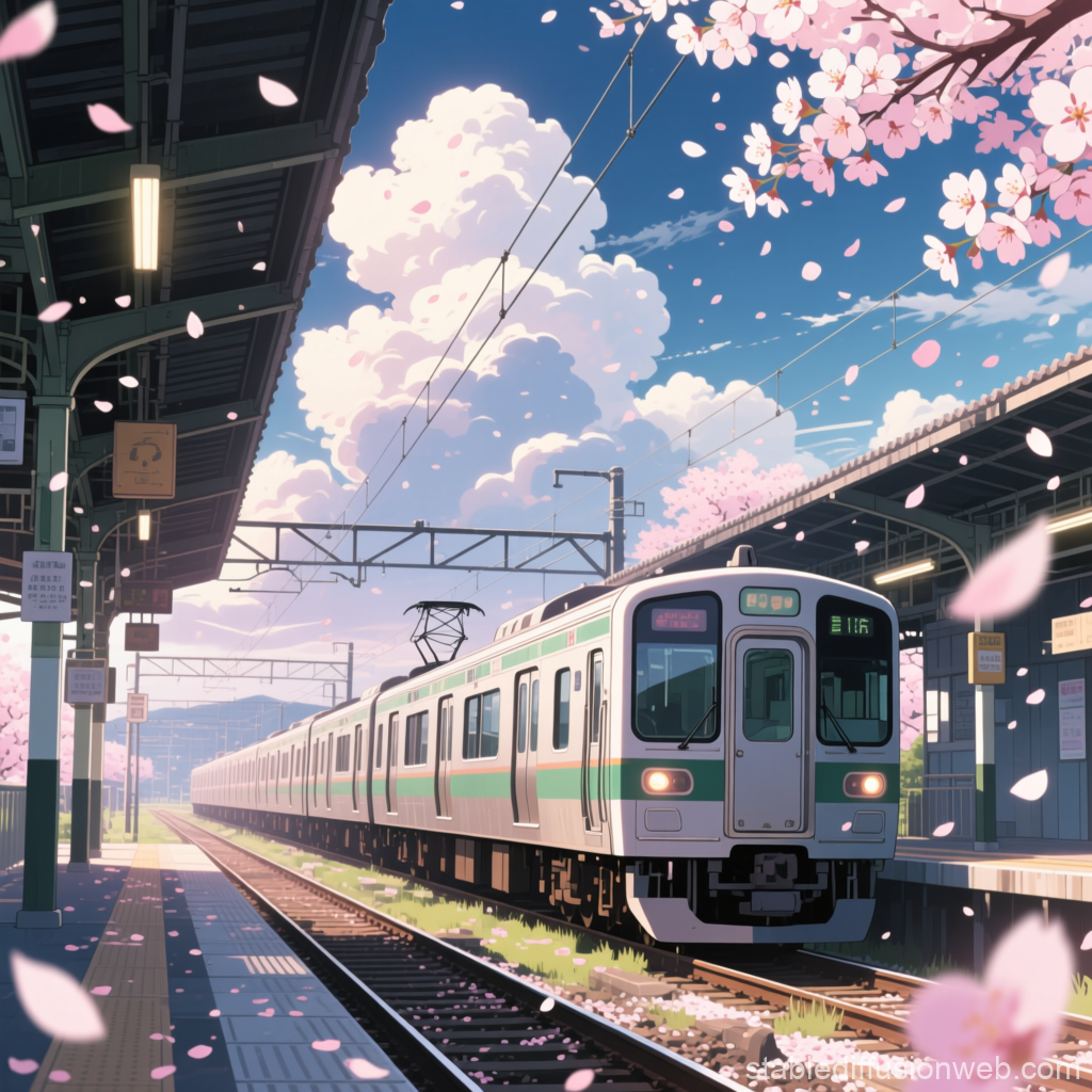 Anime Train Station with Cherry Blossoms in Spring