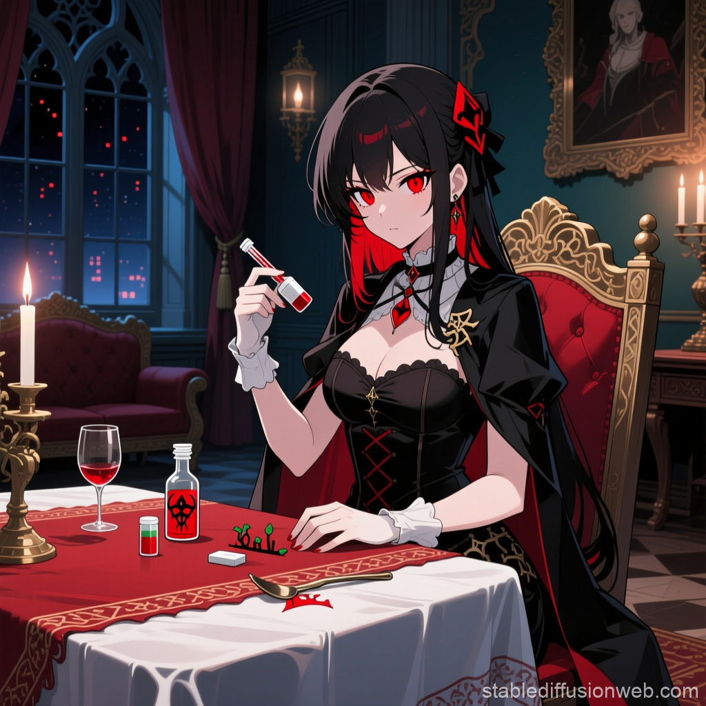 Anime Vampire Woman with Red Eyes in Gothic Setting