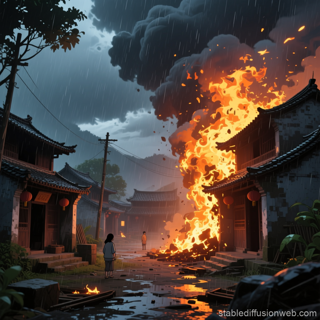 Anime Village Burning in the Rain