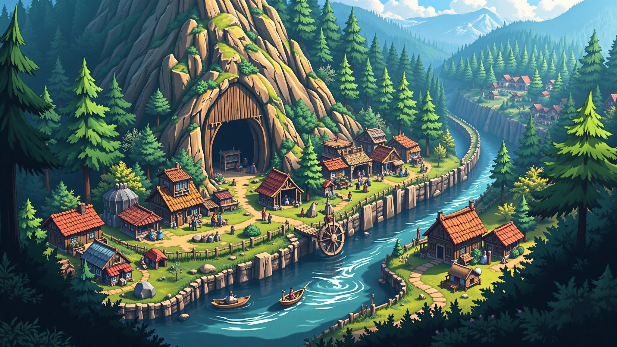 Anime Village by a River with Mountain Cave Entrance