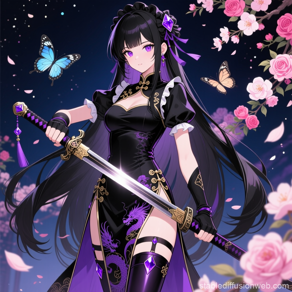 Anime Warrior Girl in Black and Purple Cheongsam with Katana