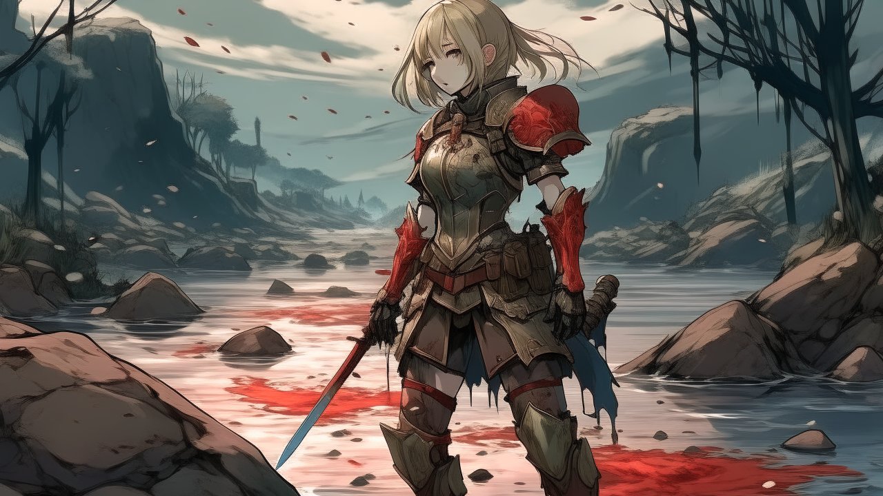 Anime Warrior Girl in Bloodied Armor by a River