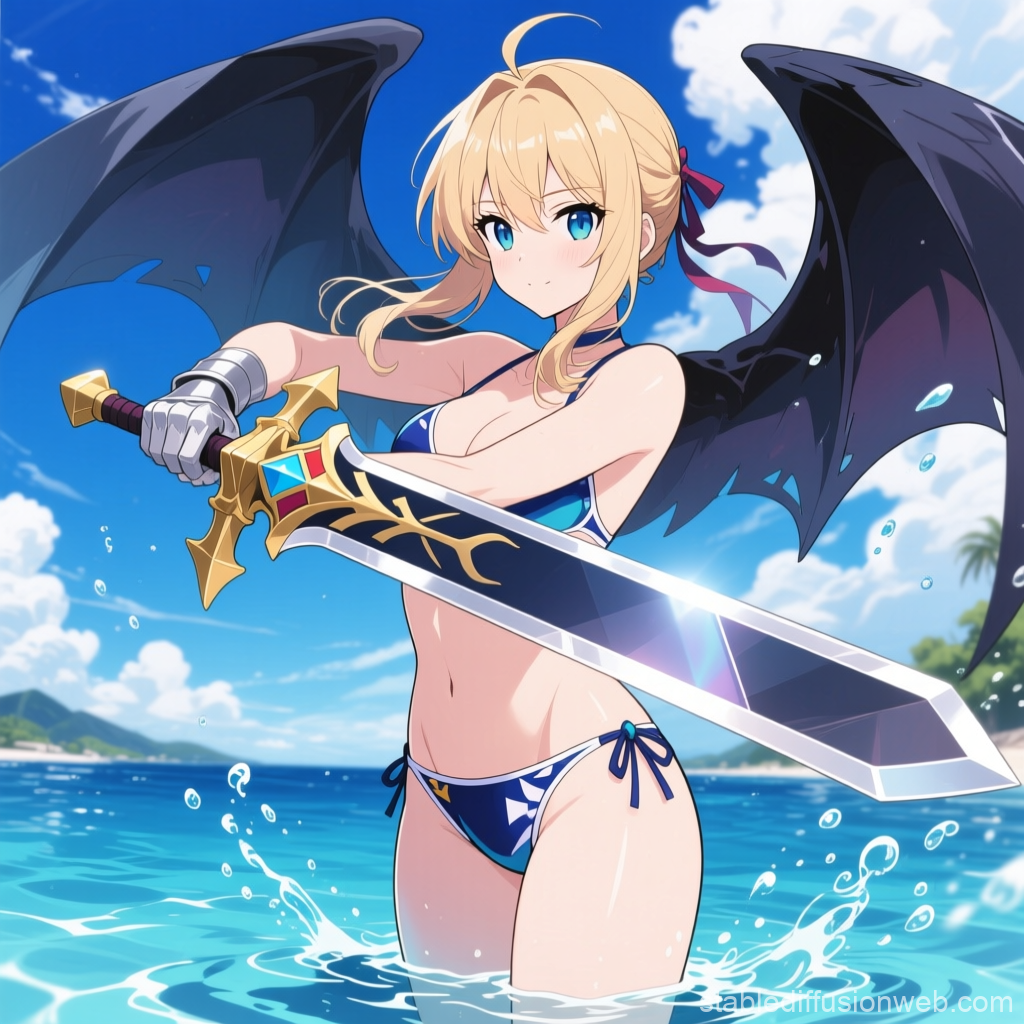 Anime Warrior Girl with Sword and Black Wings at the Beach