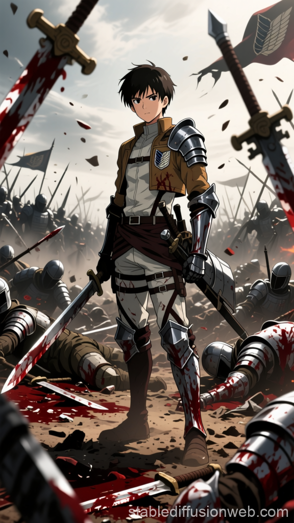 Anime Warrior Standing Amidst Battlefield Chaos